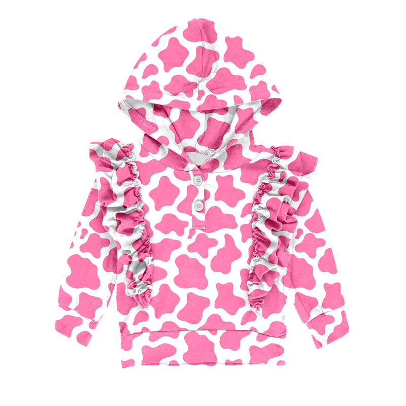 (Pre-order)GT0381  Pink Cow Print Ruffles Girls Hoodie Top