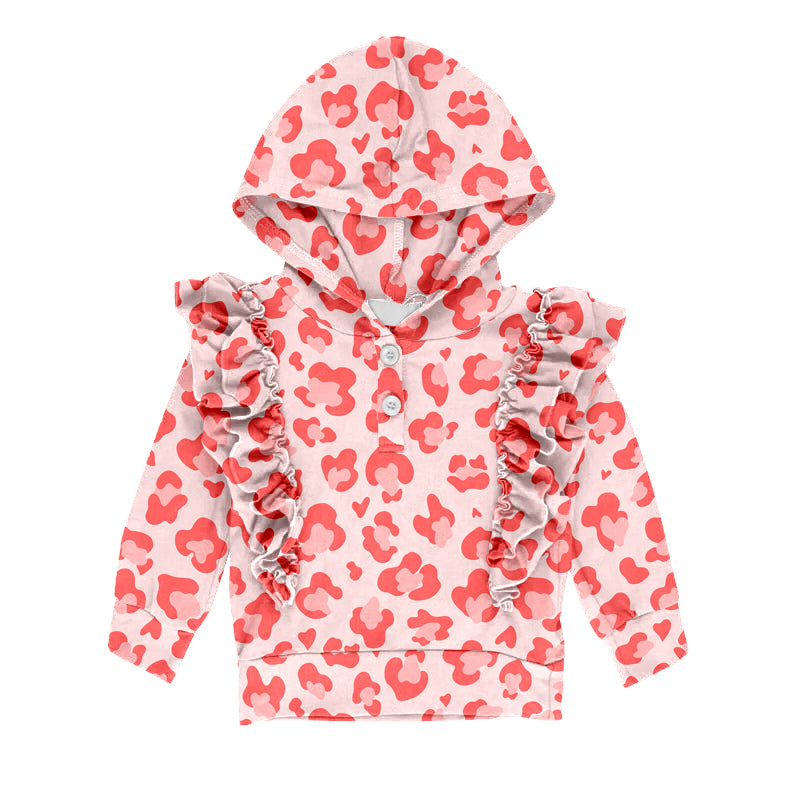 (Pre-order)GT0382 Pink Leopard Heart Print Ruffles Girls Hoodie Top