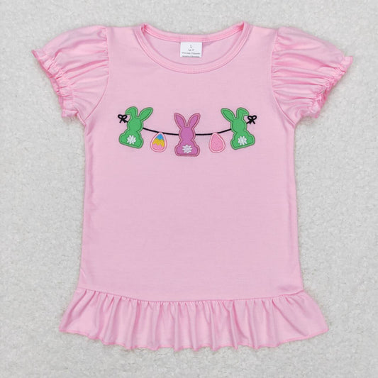GT0391 Pink Bunny Egg Embroidery Girls Easter Tee Shirt Top