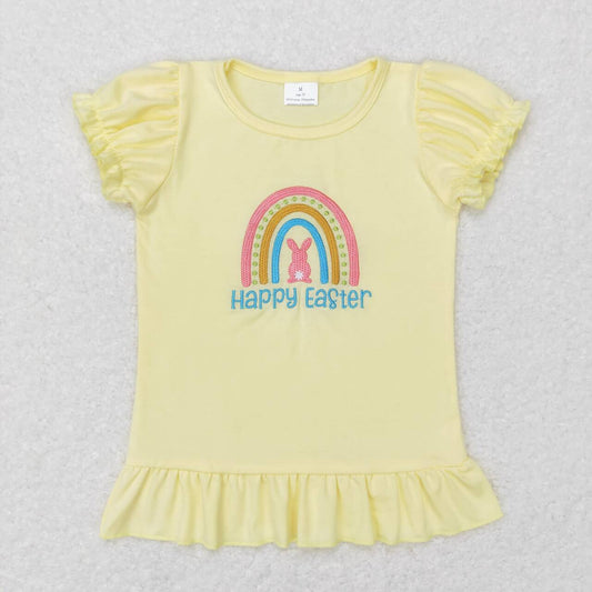 GT0392 Happy Easter Yellow Rainbow Bunny Embroidery Print Girls Tee Shirt Top