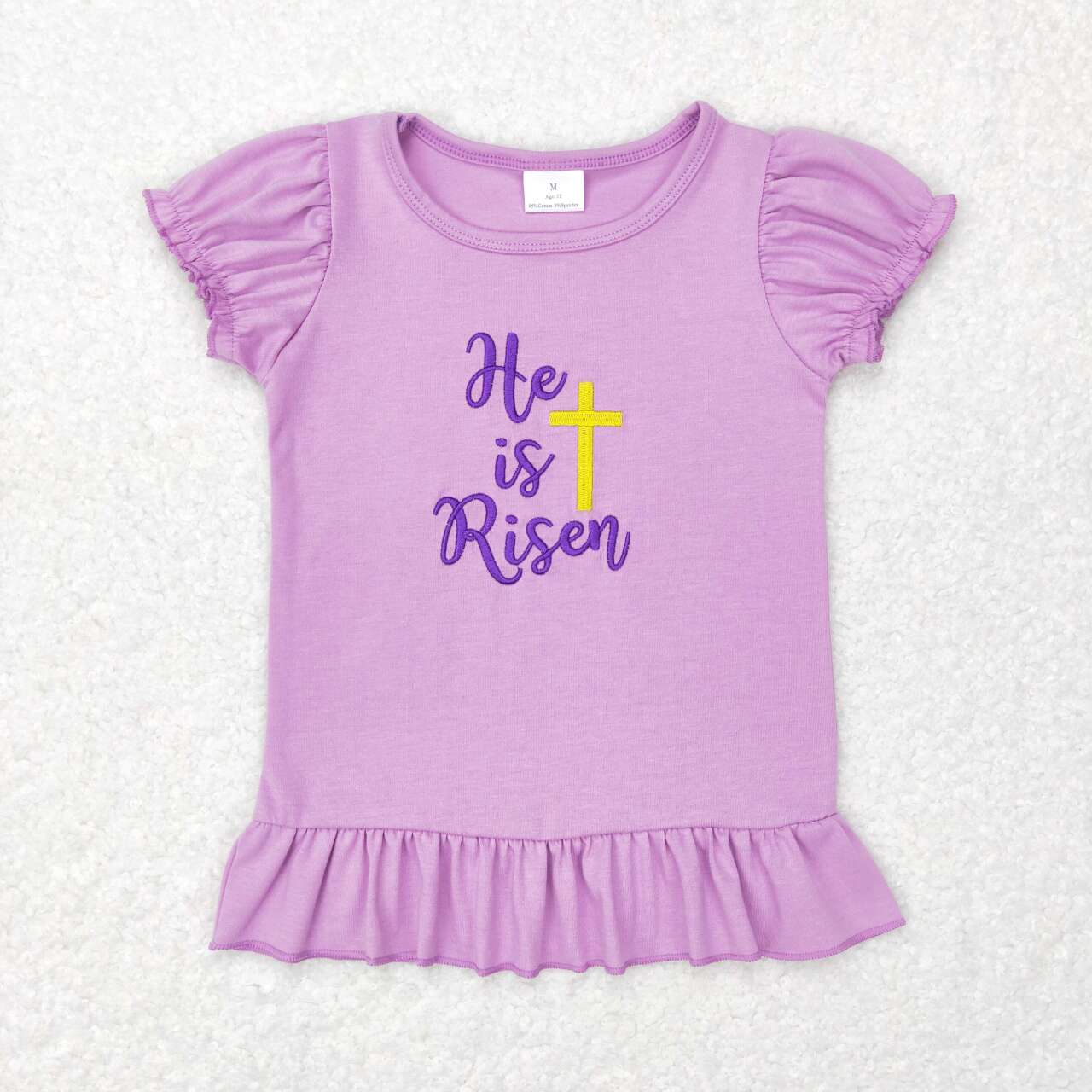 GT0393 He is Risen Cross Embroidery Print Purple Girls Easter Tee Shirt Top