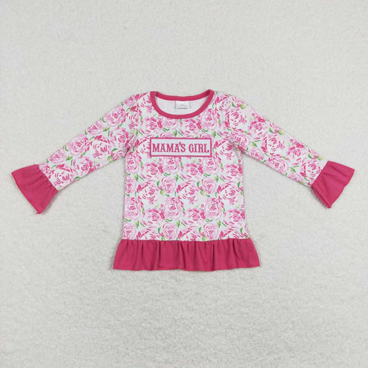 GT0403 MAMA'S GIRL Embroidery Hot Pink Flowers Print Girls Tee Shirts Top