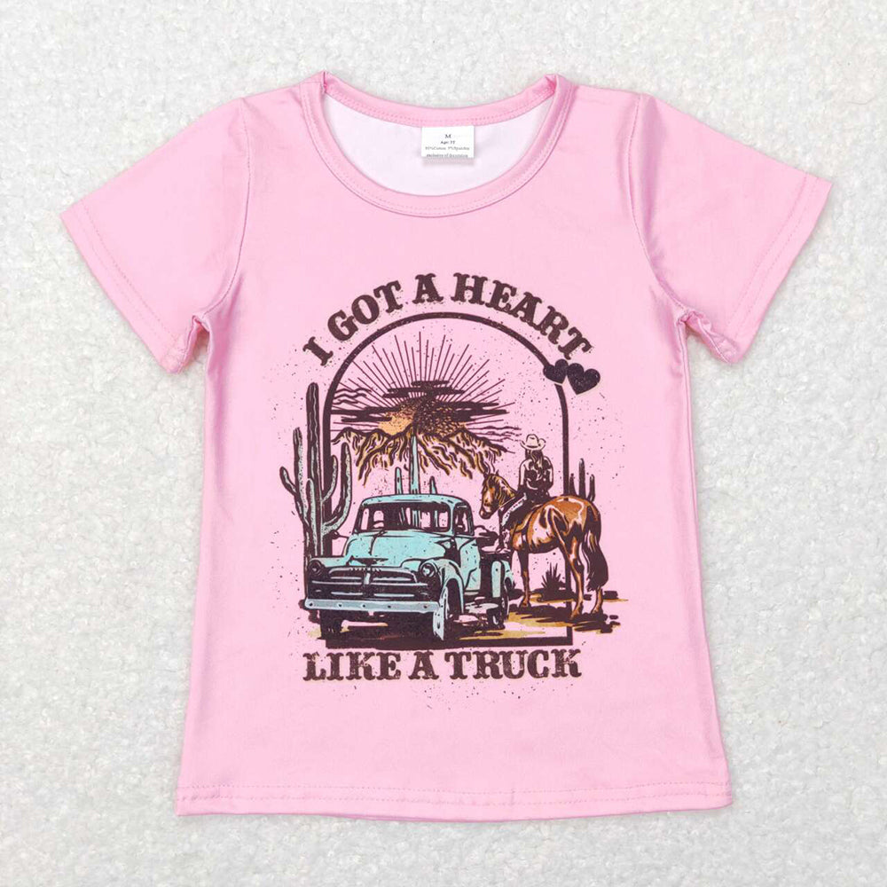 GT0406 Pink Got Heart Like Truck Print Kids Valentine's Tee Shirts Top