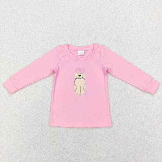 GT0408 Pink Dog Embroidery Girls Tee Shirts Top