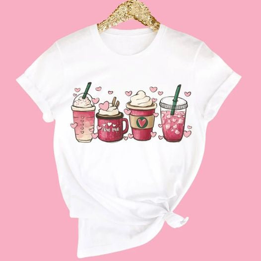 (Pre-order)GT0413 Coffee Print Girls Valentine's Tee Shirts Top