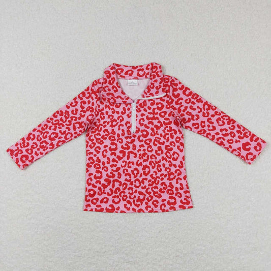 GT0414 Pink Red Leopard Print Girls Zipper Top