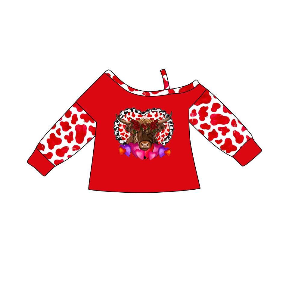 (Pre-order)GT0417 Highland Cow Heart Print Girls Valentine's Tee Shirts Top