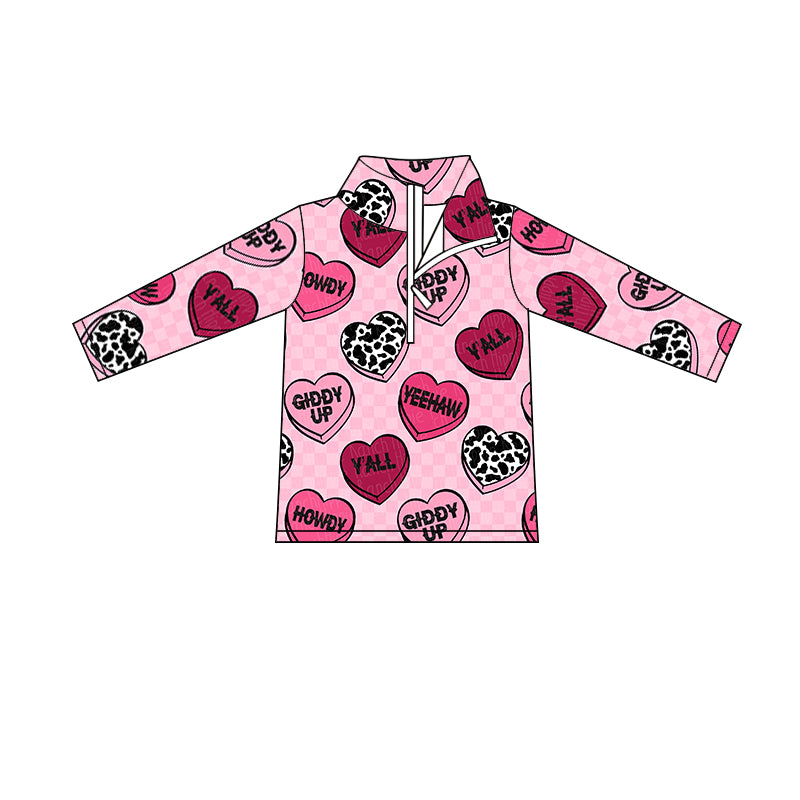 (Pre-order)GT0418 Howdy Pink Heart Print Girls Valentine's Zipper Tee Shirts Top