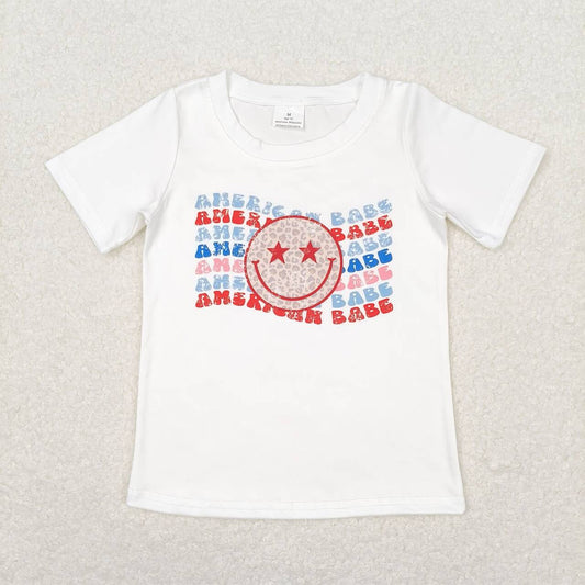 GT0502  AMERICAN BABE Smiling Face Print Girls 4th of July Tee Shirts Top