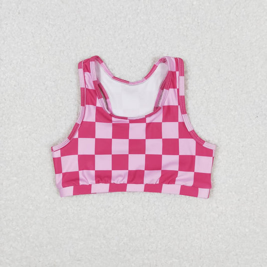 GT0521  Hot Pink Plaid Print Girls Summer Tee Shirts Top