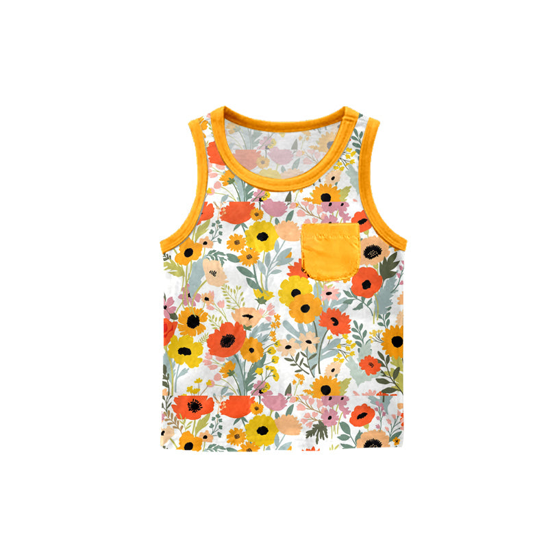 (Pre-order)GT0535  Mustard Flowers Print Pocket Girls Summer Sleeveless Top