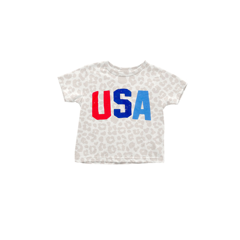 (Pre-order)GT0547  USA Leopard Print Girls 4th of July Tee Shirts Top