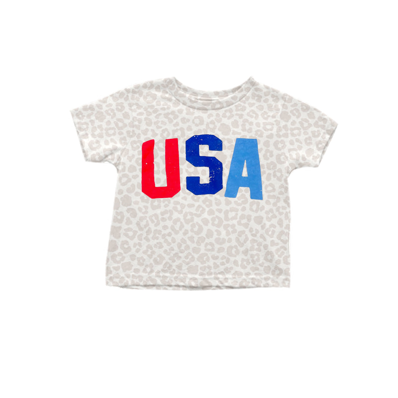 (Pre-order)GT0548 Adult USA Leopard Print Woman 4th of July Tee Shirts Top