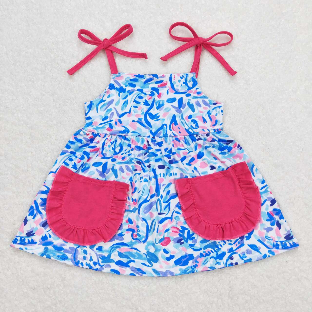 GSSO1028  Blue Flowers Strap Top Ruffle Shorts Girls Summer Clothes Set