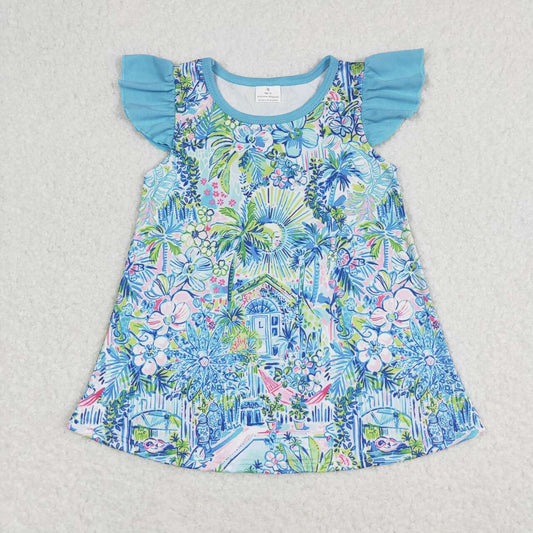 GT0562  Blue Flowers Print Girls Summer Tee Shirts Top