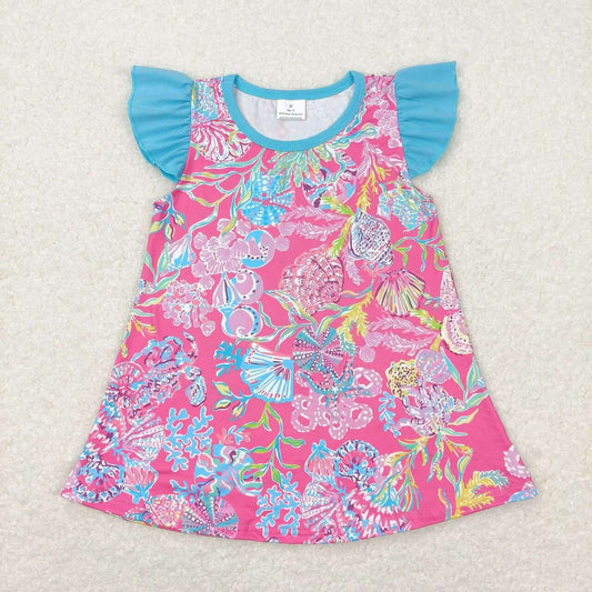 GT0564  Hot Pink Shell Seaweed Print Girls Summer Tee Shirts Top