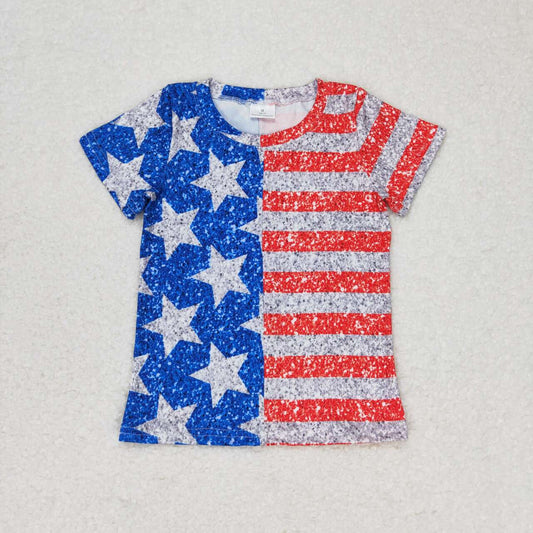 GT0584 Stars Red Stripes Print Girls 4th of July Tee Shirts Top
