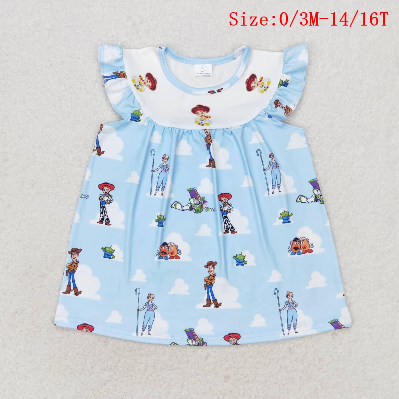 GT0592 Blue Cartoon Toys Print Girls Summer Tee Shirts Top