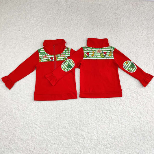 GT0611 Green Frog Vibe Print Girls Christmas Pullover Zipper Tee Shirts Top