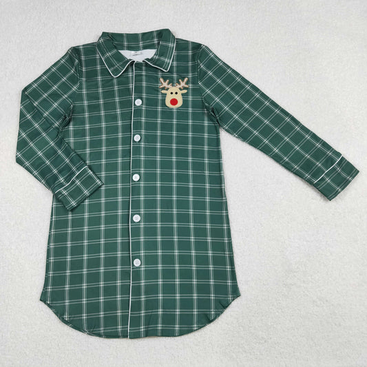 GT0621 Deer Embroidery Green Plaid Print Adult Christmas Nightgown Top