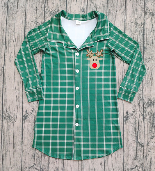 (Pre-order)GT0621 Deer Green Plaid Print Adult Christmas Nightgown