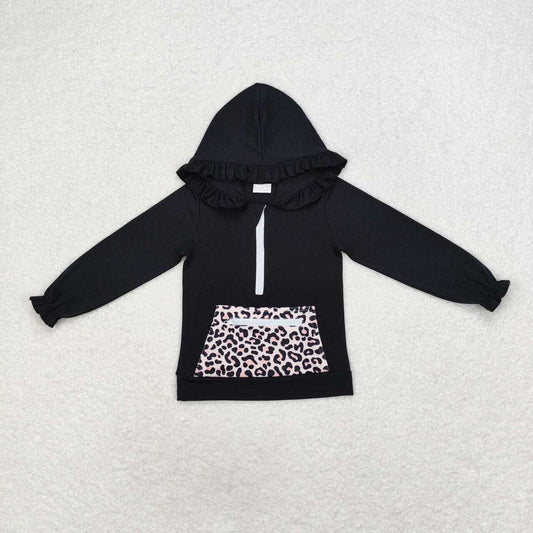 GT0624  Leopard Print Pocket Black Girls Hoodie Zipper Tee Shirts Top