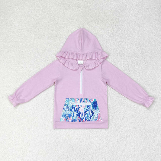 GT0625  Seaweed Print Pocket Purple Girls Hoodie Zipper Tee Shirts Top