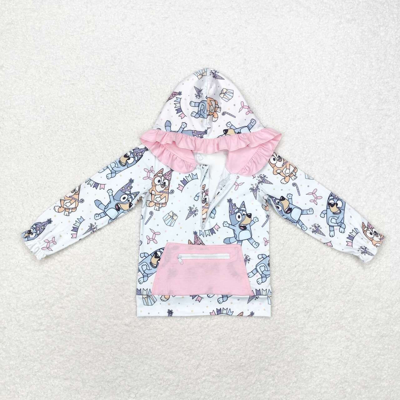 GT0634  Cartoon Dog Birthday Print Pink Pocket Girls Hoodie Zipper Tee Shirts Top