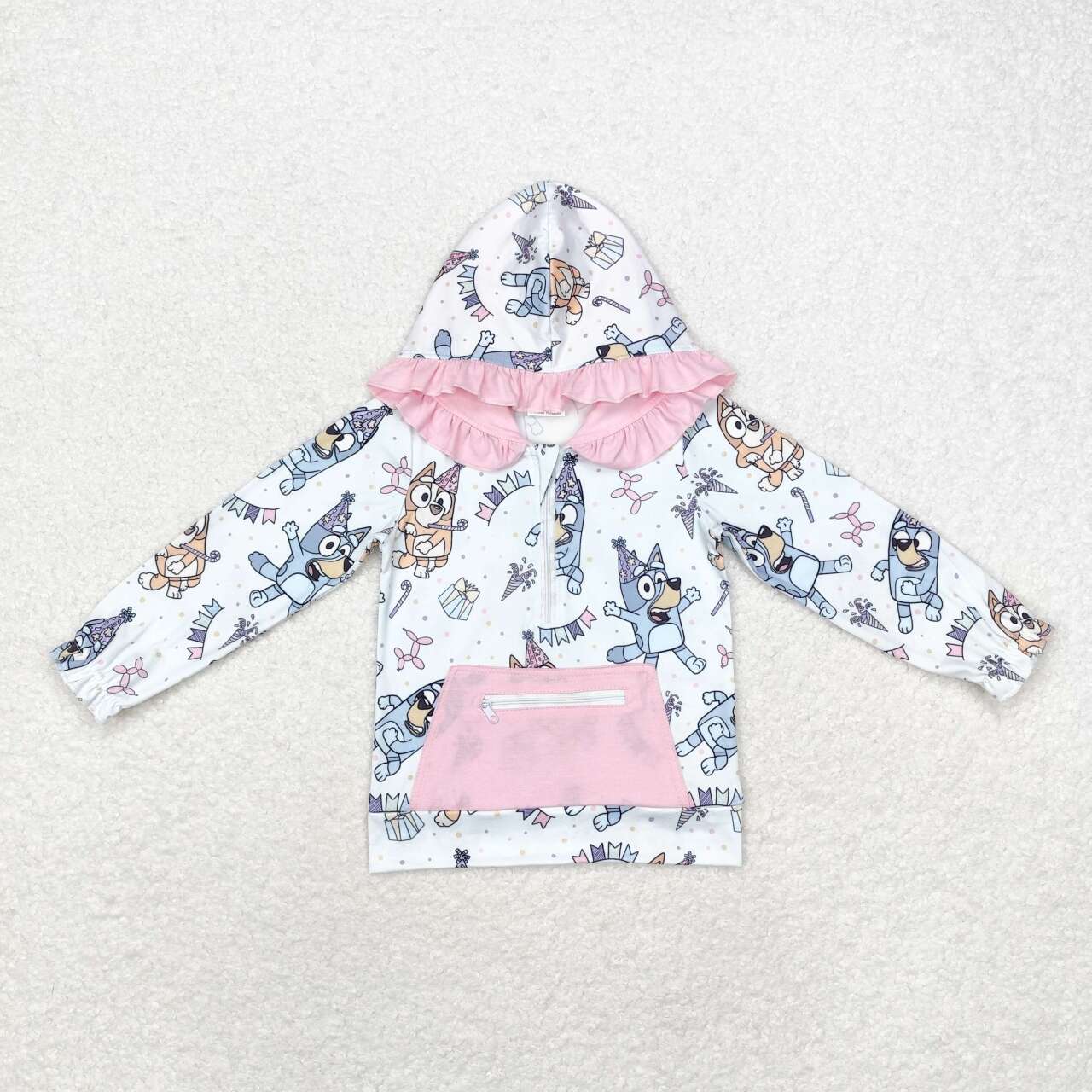 GT0634  Cartoon Dog Birthday Print Pink Pocket Girls Hoodie Zipper Tee Shirts Top