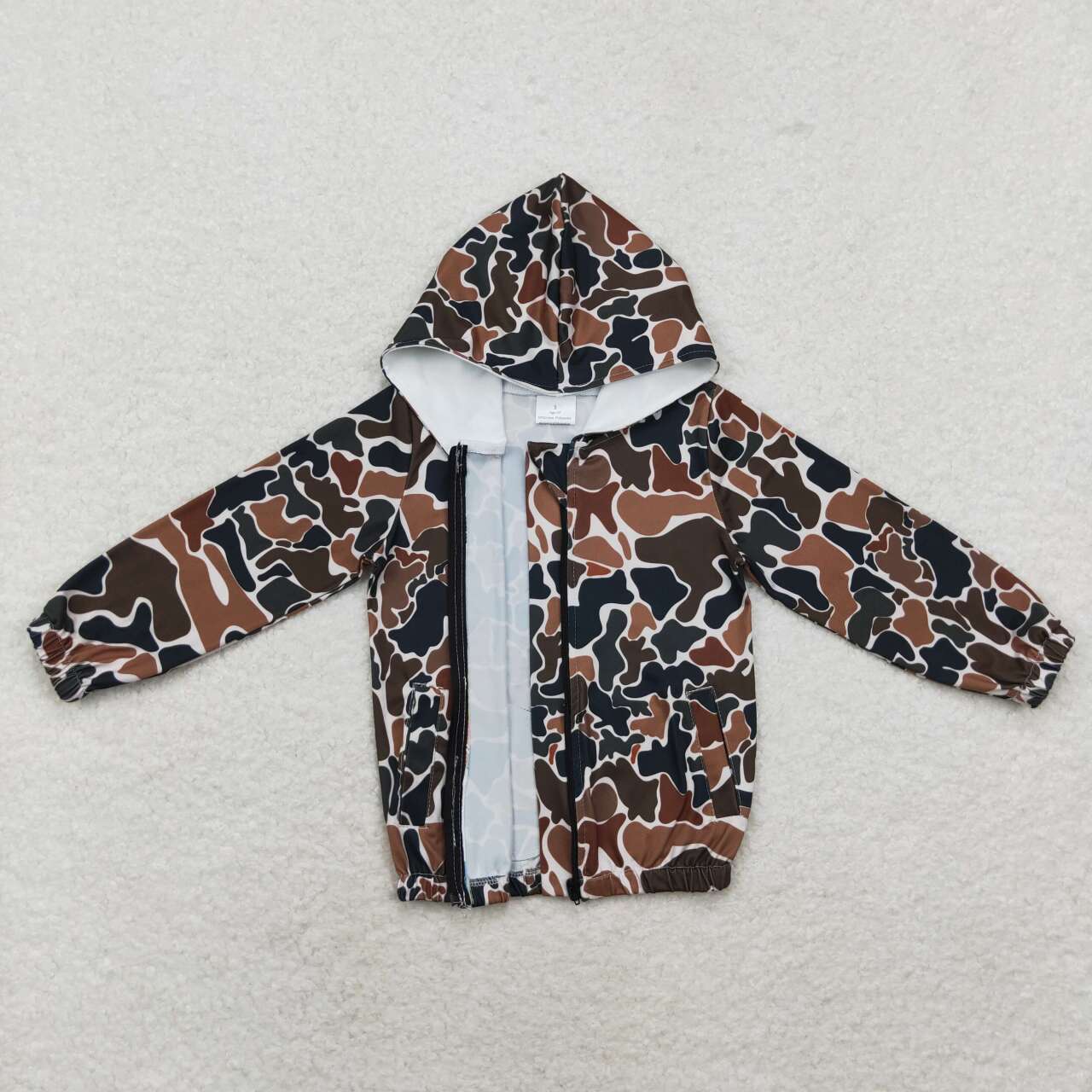 GT0635  Dark Brown Camo Print Pockets Kids Hoodie Zipper Jacker Top