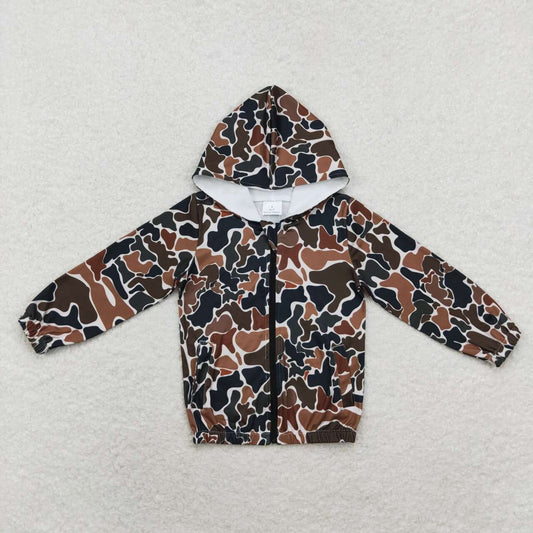 GT0635  Dark Brown Camo Print Pockets Kids Hoodie Zipper Jacker Top