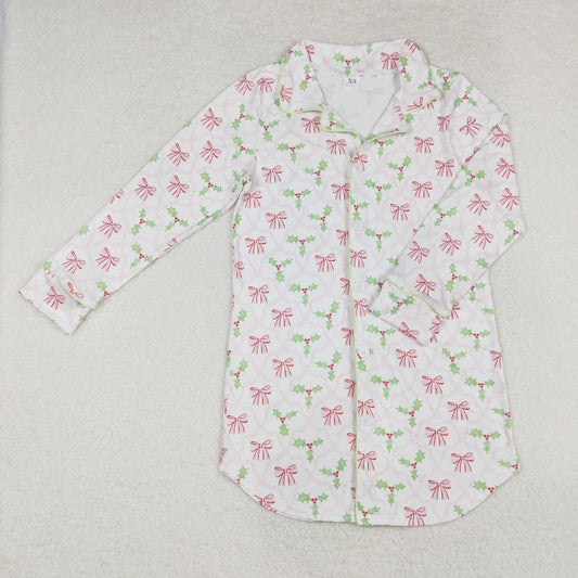 GT0661 Pink Bows Holly Print Adult Christmas Nightgown Top