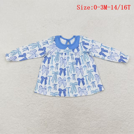 GT0666 Blue Bows Print Girls Fall Tee Shirts Top