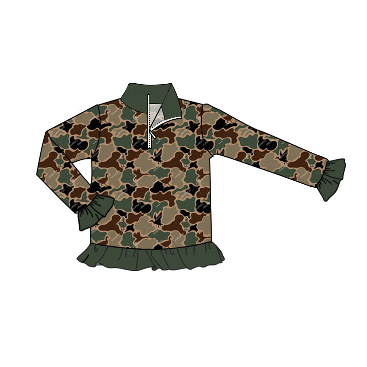 (Pre-order)GT0671 Dark Green Camo Duck Print Girls Fall Pullover Zipper Tee Shirts Top