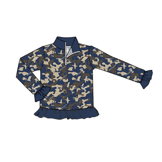 (Pre-order)GT0672 Navy Camo Duck Print Girls Fall Pullover Zipper Tee Shirts Top