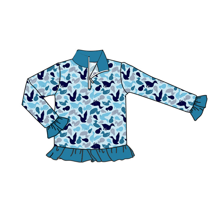 (Pre-order)GT0673 Blue Camo Duck Print Girls Fall Pullover Zipper Tee Shirts Top