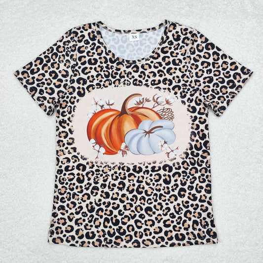 GT0689 Adult Pumpkin Leopard Print Woman Fall Tee Shirts Top