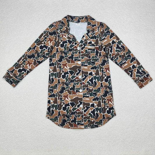 GT0695 Dark Brown Camo Print Adult Fall Buttons Pajamas Top Woman Nightgown