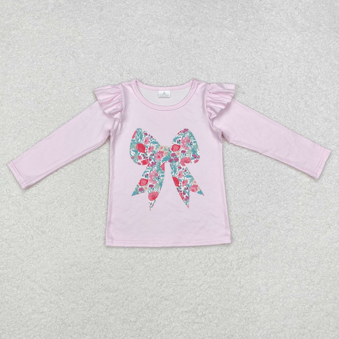 GT0699 Flowers Pink Bow Print Girls Tee Shirts Top