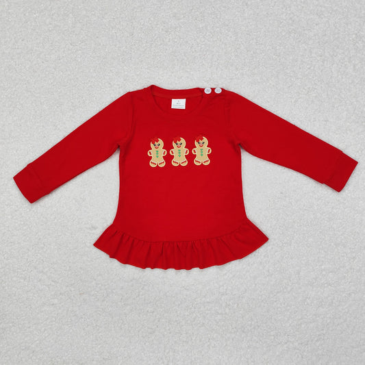 GT0702 Gingerbread Embroidery Red Color Girls Christmas Tee Shirts Top