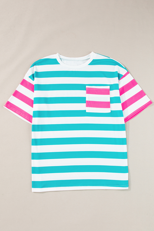 (Pre-order)GT0705 Adult Pink Blue Stripes Print Pocket Woman Tee Shirts Top