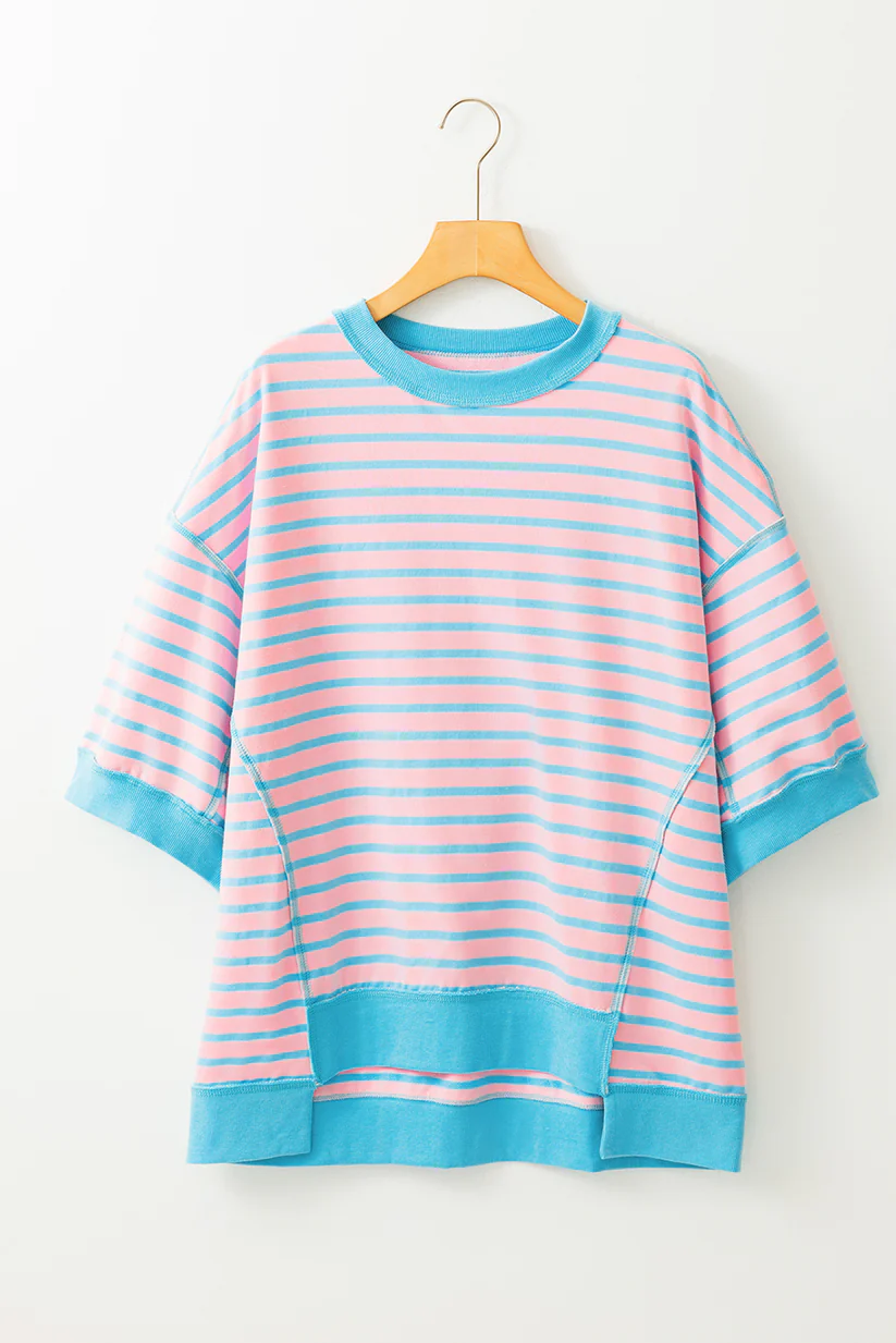 (Pre-order)GT0709 Adult Pink Stripes Print Woman Tee Shirts Top