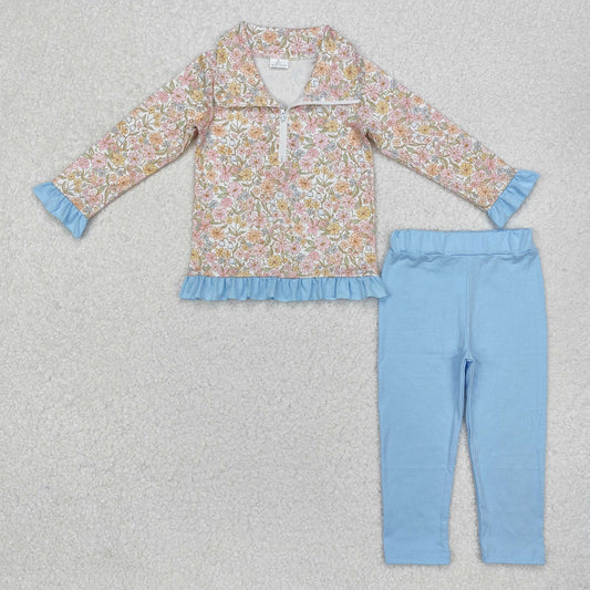 GLP2323 Flowers Zipper Pullover Top Blue Pants Girls Clothes Set