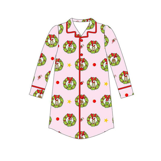 (Pre-order)GT0727 Green Frog Holly Flowers Print Adult Christmas Buttons Pajamas Top Woman Nightgown