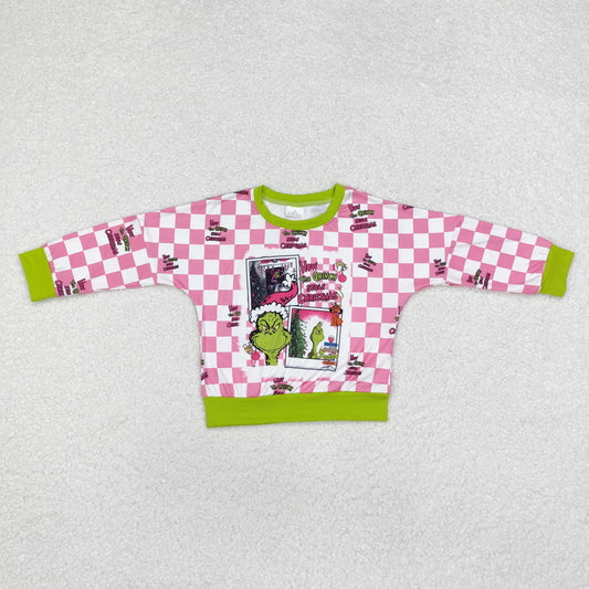 GT0733 Green Frog Pink Plaid Print Girls Christmas Tee Shirts Top