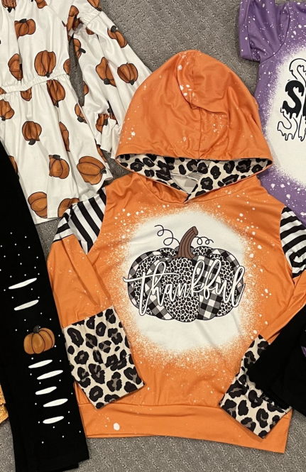 (Pre-order)GT0736 Pumpkin Leopard Thankful Print Kids Fall Hoodie Tee Shirts Top