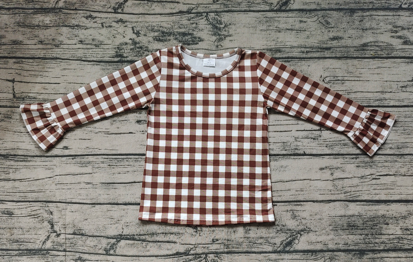 (Pre-order)GT0738 Brown Plaid Print Girls Fall Tee Shirts Top