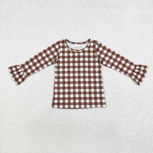 GT0738 Brown Plaid Print Girls Fall Tee Shirts Top