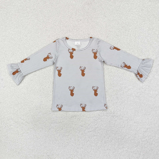 GT0739 Deer Stripes Print Girls Fall Tee Shirts Top