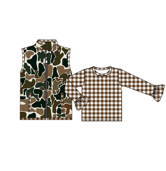 (Pre-order)GT0741  Brown Plaid Camo Vest Girls 2 Pieces Tops